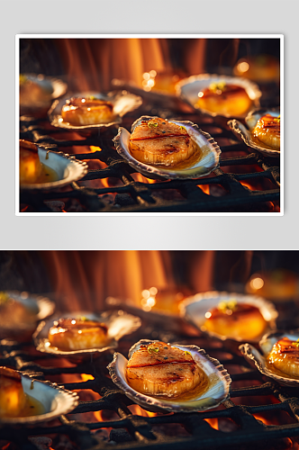 AI数字艺术烤扇贝海鲜烧烤美食摄影图片