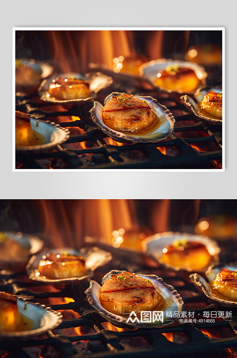 AI数字艺术烤扇贝海鲜烧烤美食摄影图片素材
