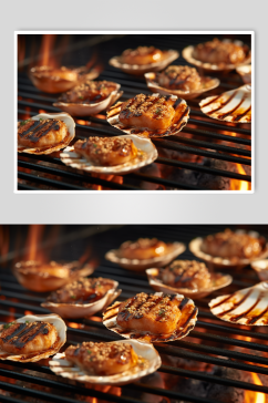 AI数字艺术烤扇贝海鲜烧烤美食摄影图片