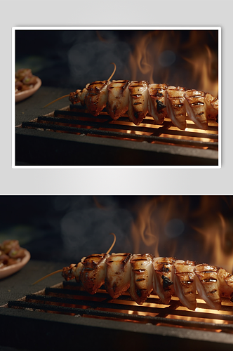 AI数字艺术烤鱿鱼海鲜烧烤美食摄影图片