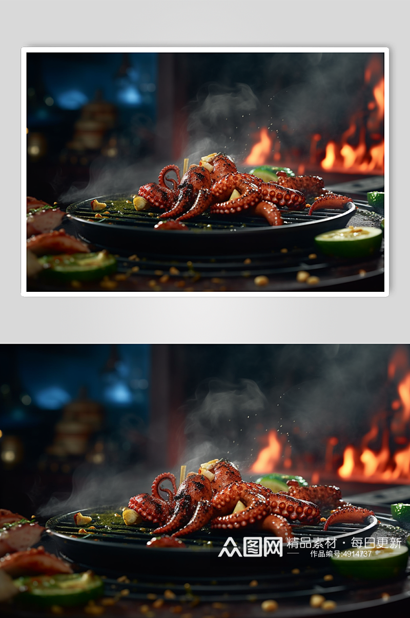 AI数字艺术烤鱿鱼海鲜烧烤美食摄影图片素材