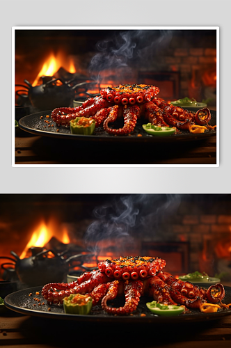 AI数字艺术烤鱿鱼海鲜烧烤美食摄影图片