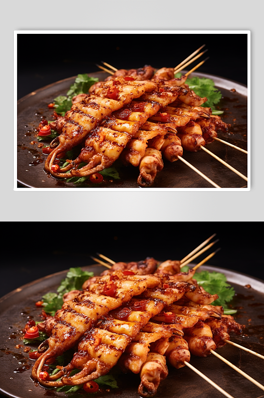 AI数字艺术烤鱿鱼烧烤美食摄影图