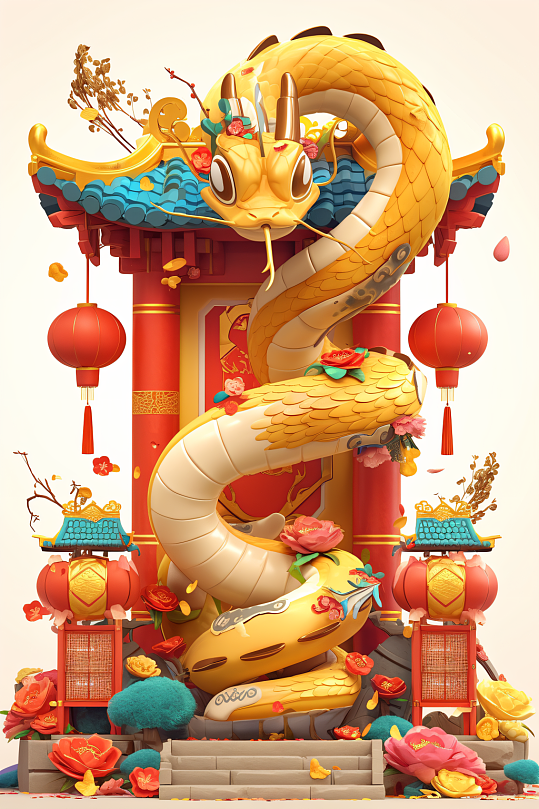 AI数字艺术蛇年卡通蛇模型-众图网