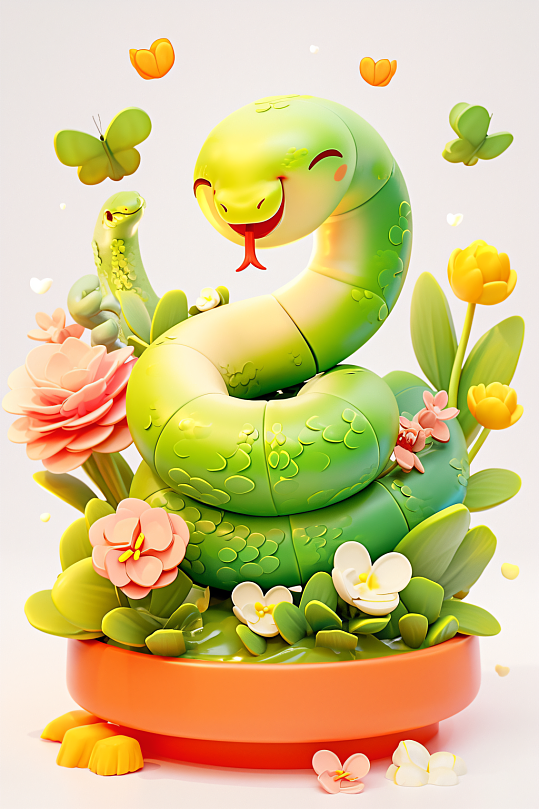 AI数字艺术蛇年卡通蛇模型-众图网