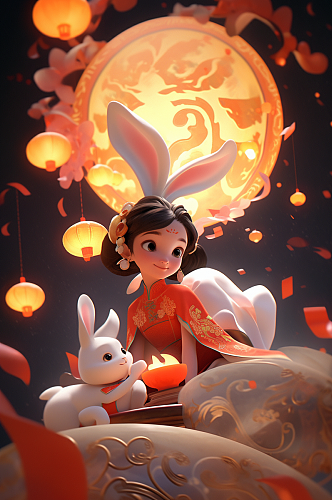 AI数字艺术手绘卡通嫦娥玉兔中秋节插画