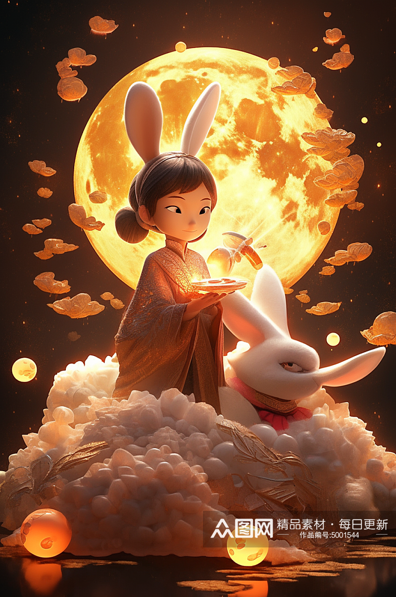 AI数字艺术手绘卡通嫦娥玉兔中秋节插画素材