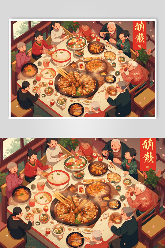 AI数字艺术卡通新年年夜饭阖家团圆插画