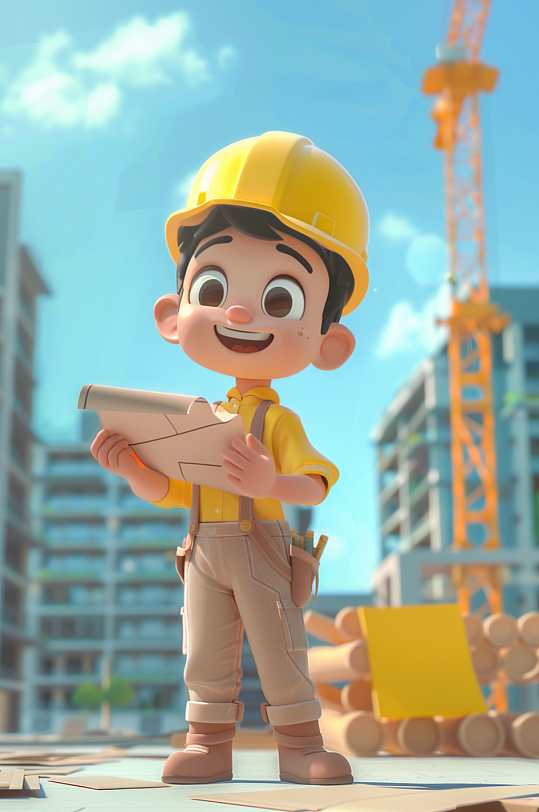 AI数字艺术卡通建筑师图纸人物插画-众图网