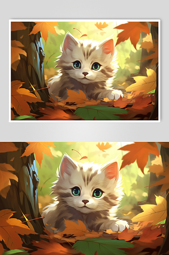 AI数字艺术灌木丛中的可爱小猫插画
