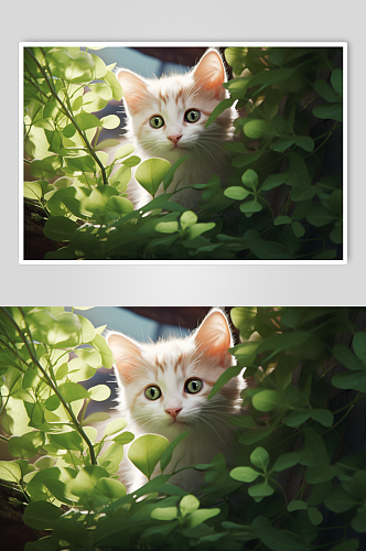 AI数字艺术灌木丛中的可爱小猫插画
