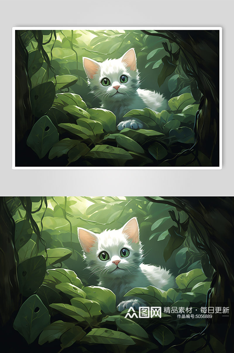 AI数字艺术灌木丛中的可爱小猫插画素材