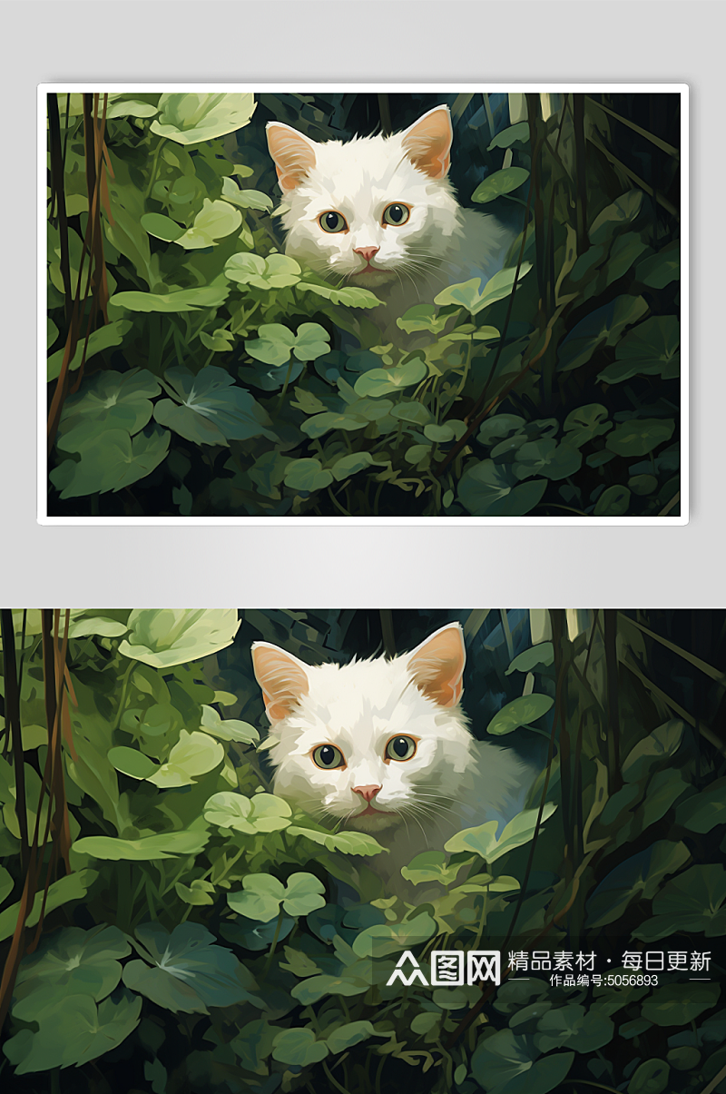 AI数字艺术灌木丛中的可爱小猫插画素材