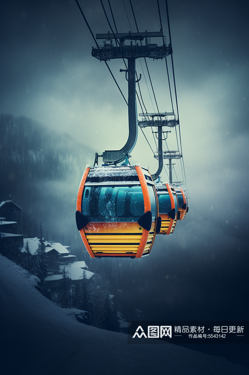 AI数字艺术山滑雪缆车场景元素模型素材