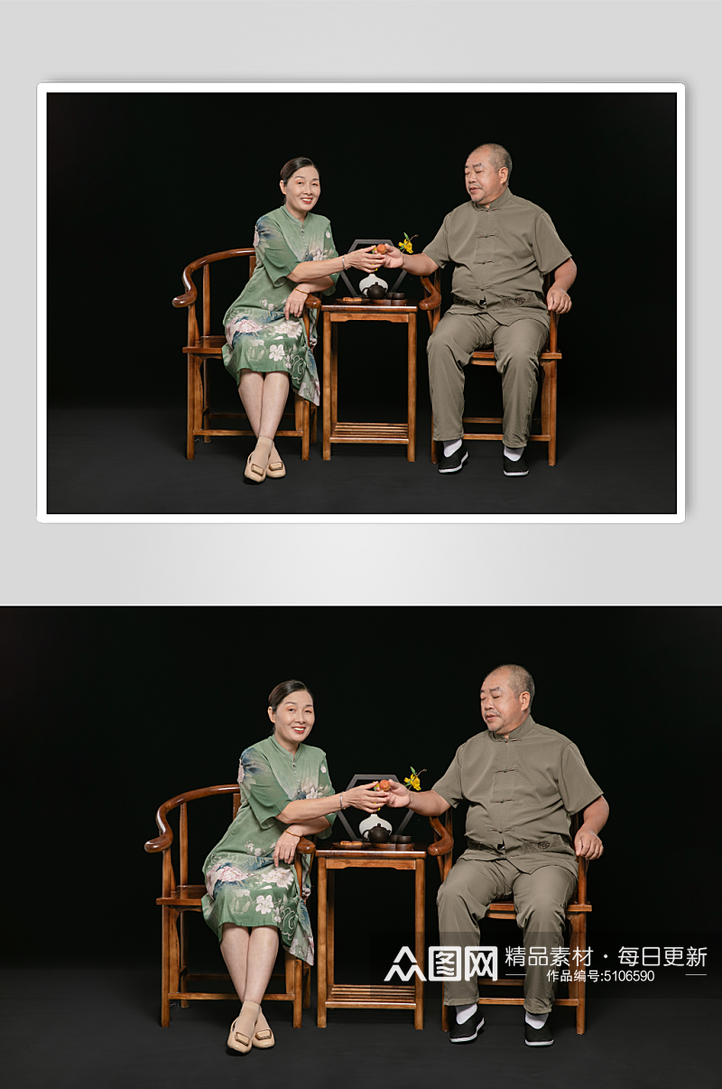 茶桌茶点喝茶老人居家养生老年人摄影图素材