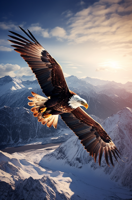AI数字艺术老鹰飞过雪山风景摄影图