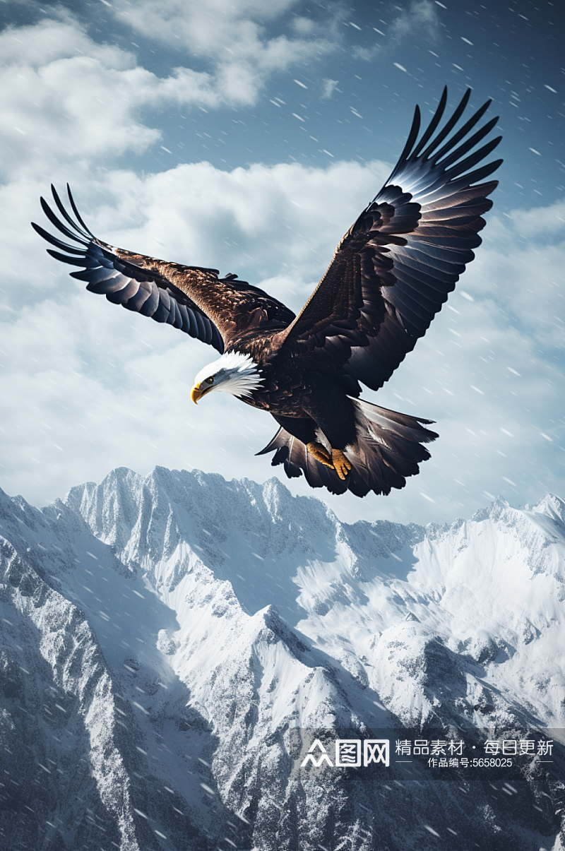 AI数字艺术老鹰飞过雪山风景摄影图素材