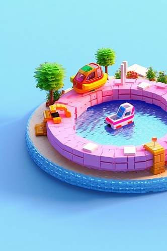 AI数字艺术原创泳圈水上乐园游泳池模型