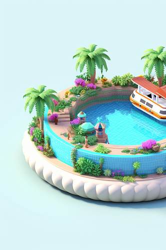 AI数字艺术原创水上乐园游泳池模型