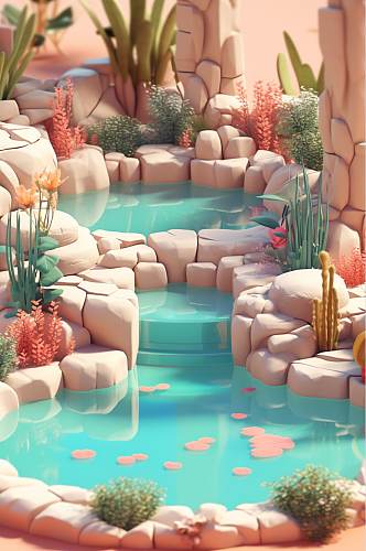 AI数字艺术原创高清水上乐园游泳池模型