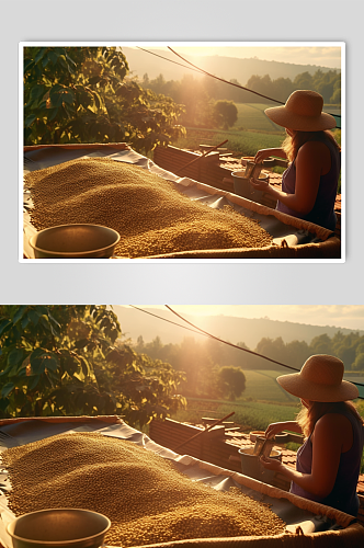 AI数字艺术清晰农民晾晒粮食摄影图片