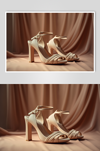AI数字艺术极简卡其色凉鞋高跟鞋摄影图片