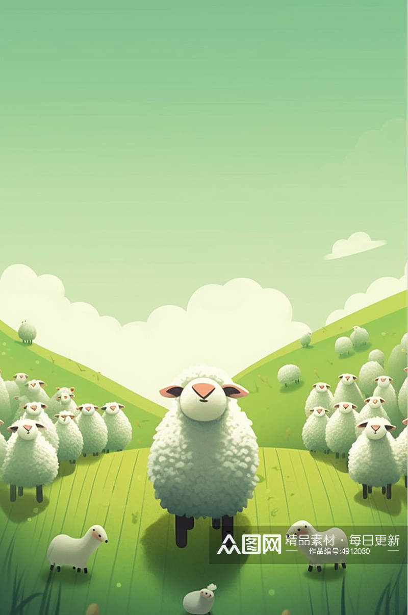 AI数字艺术创意下小羊草地立春插画素材