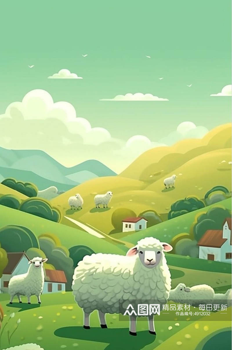 AI数字艺术创意下小羊草地立春插画素材
