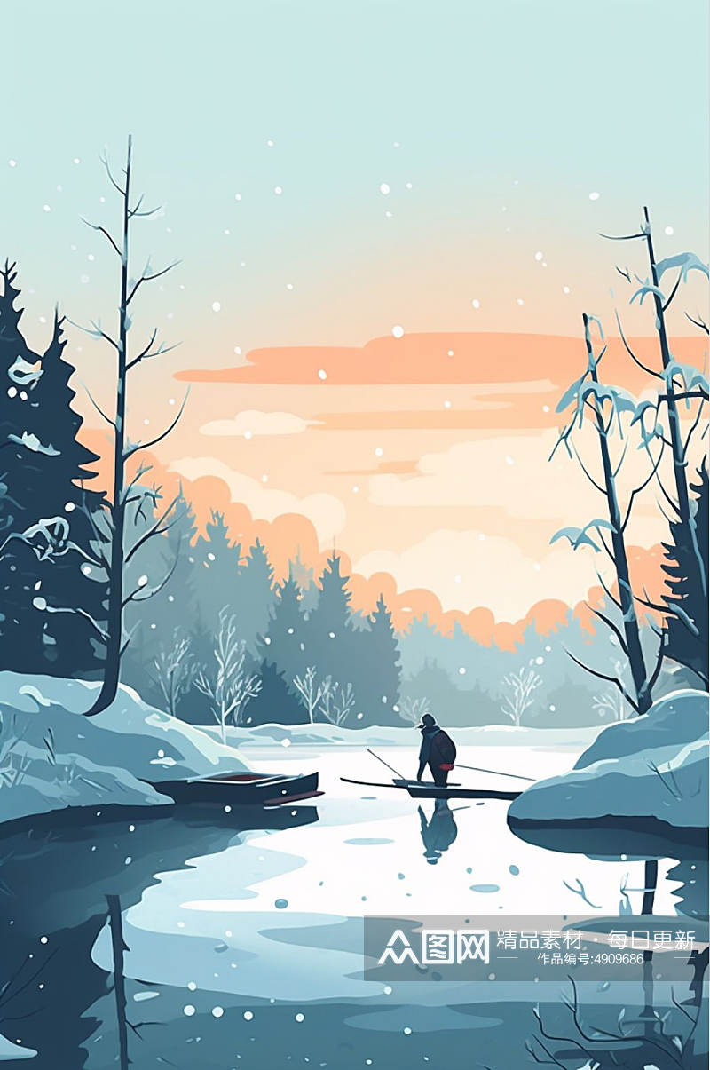 AI数字艺术手绘雪景二十四节气立冬插画素材
