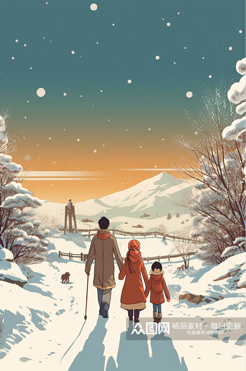 AI数字艺术雪中散步二十四节气立冬插画素材