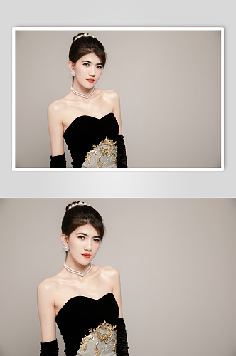 黑色丝绒赫本风袖套晚礼服美女人物摄影图片