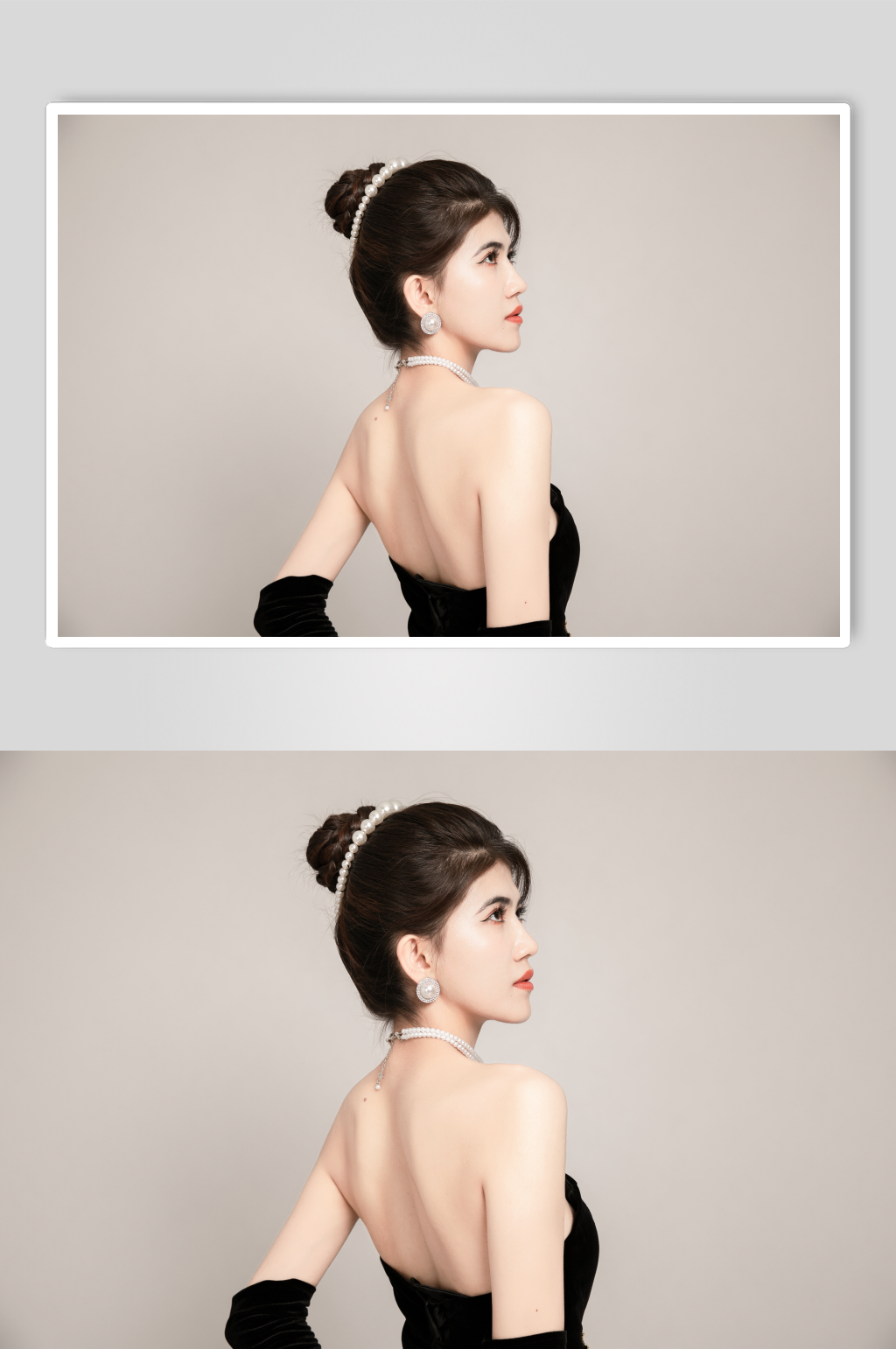 黑色丝绒赫本风袖套晚礼服美女人物摄影图片素材