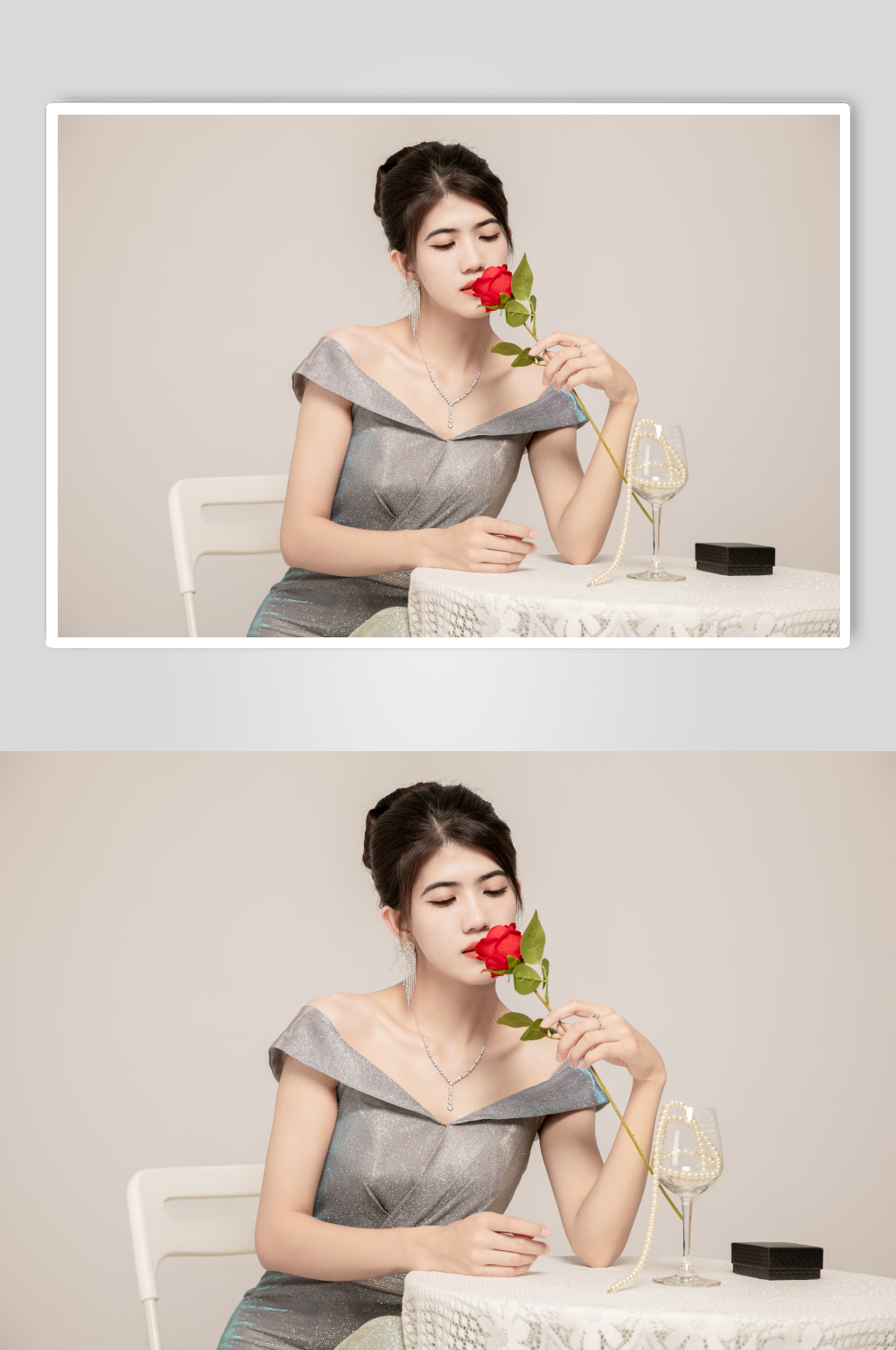 银灰色晚礼服轻奢修身女士礼服人物摄影图片素材