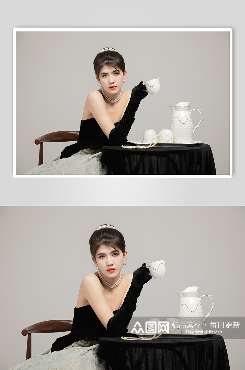 赫本风高级感黑色美女礼服人物摄影图片素材