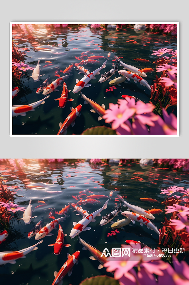 AI数字艺术清新湖中鲤鱼锦鲤摄影图片素材