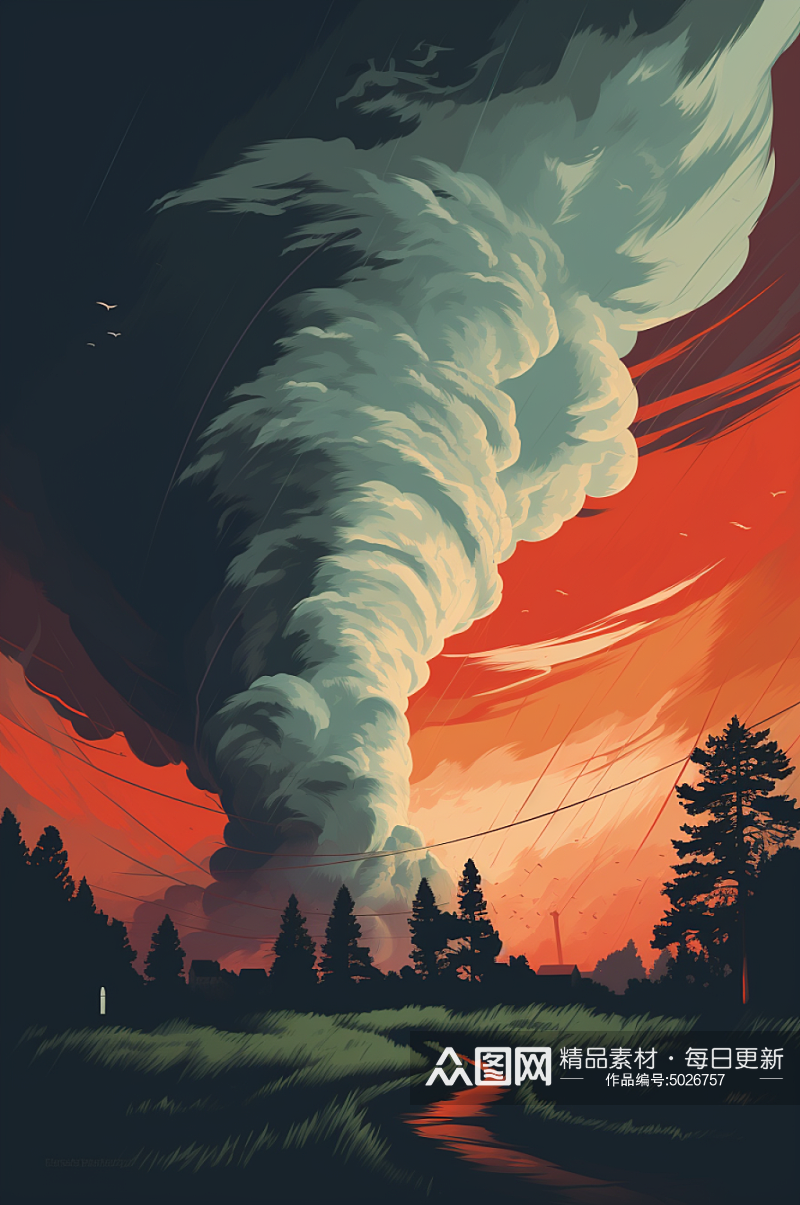 AI数字艺术扁平风自然灾害龙卷风插画素材