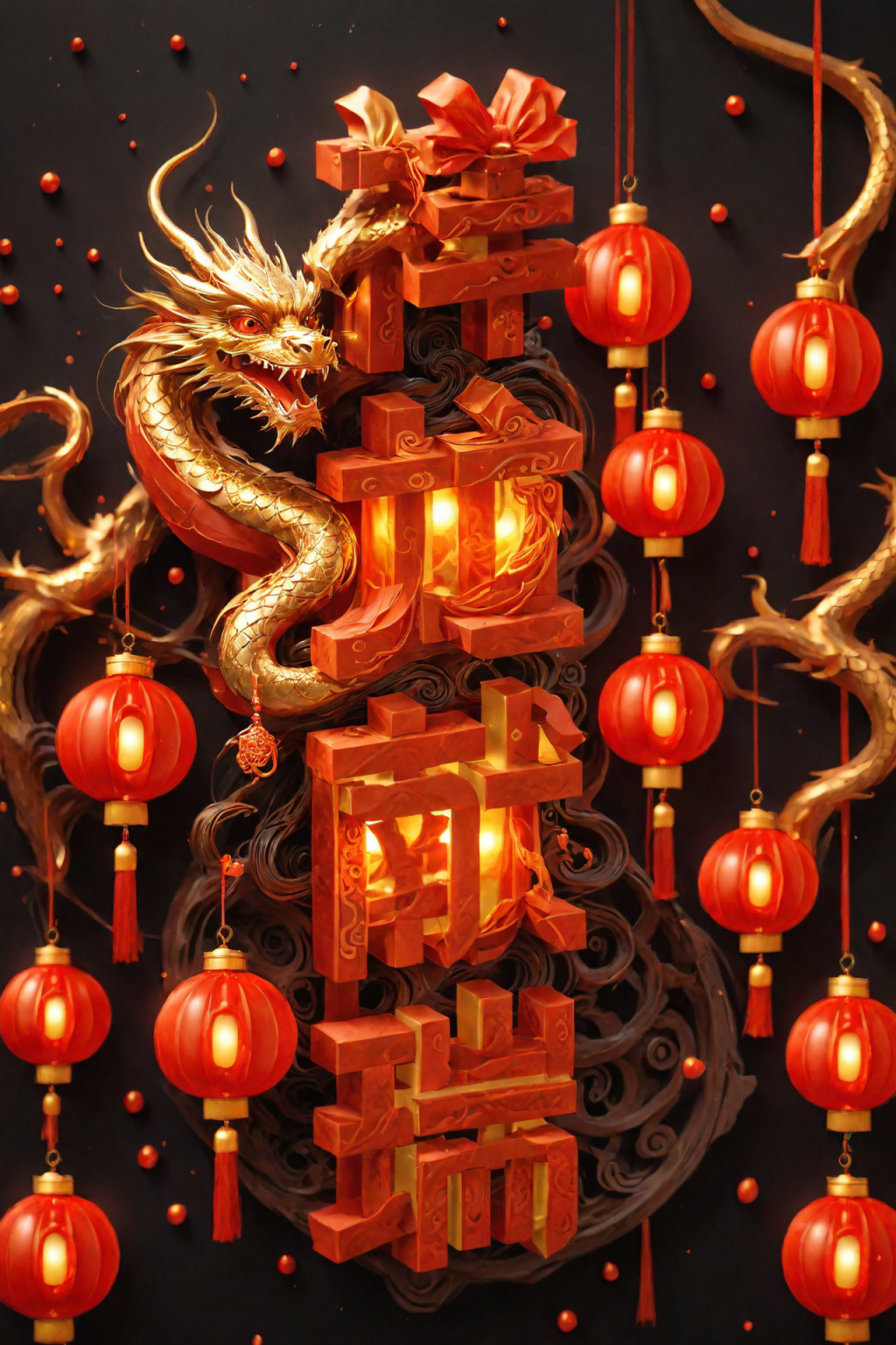 AI数字艺术龙年祥龙献瑞立体字场景模型素材