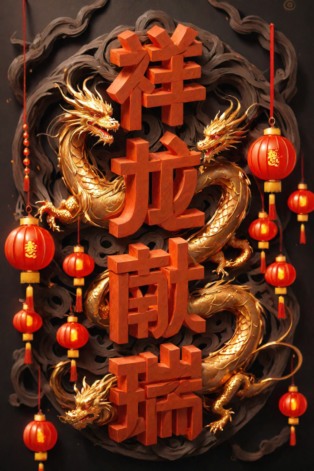 AI数字艺术龙年祥龙献瑞立体字场景模型素材