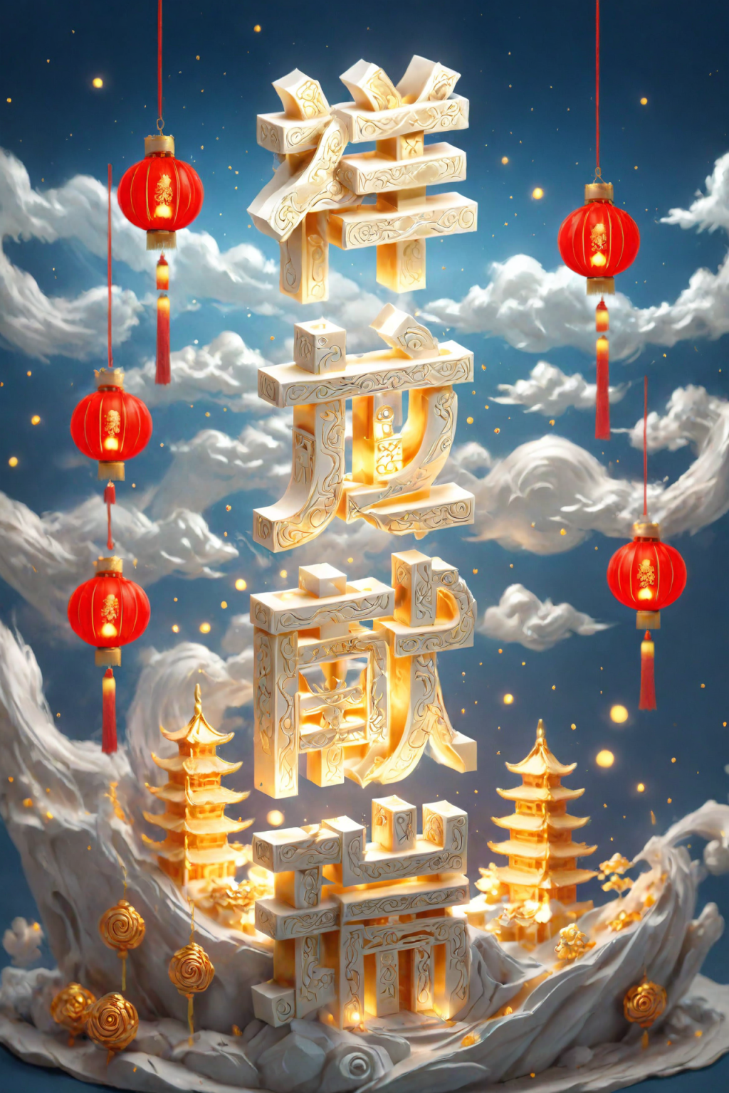 AI数字艺术龙年祥龙献瑞立体字场景模型素材