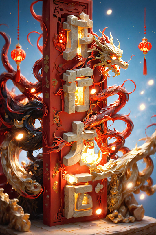 AI數(shù)字藝術(shù)龍年龍行大運(yùn)立體字場(chǎng)景模型