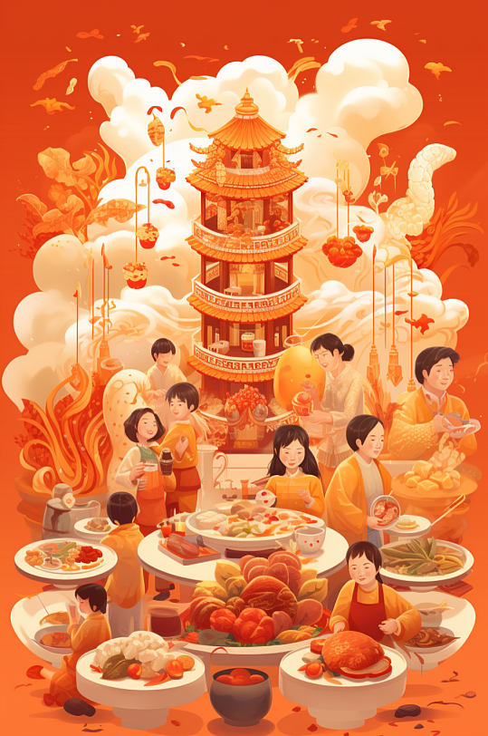 AI数字艺术龙年除夕夜年夜饭插画