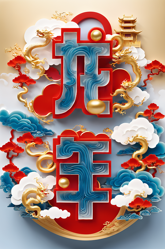 AI数字艺术龙年立体字场景模型-众图网