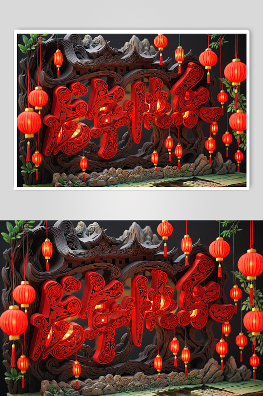 AI数字艺术龙年快乐龙年立体字场景模型-众图网