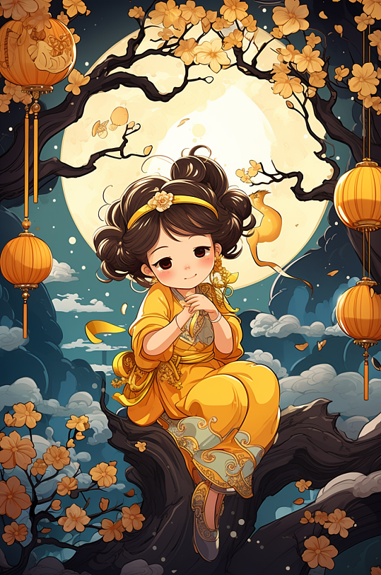 AI数字艺术中国风女孩玉兔中秋节插画