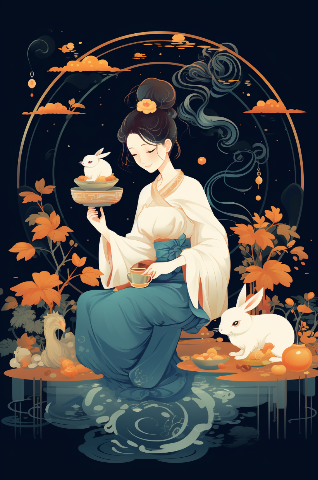 AI数字艺术中国风女孩玉兔中秋节插画素材