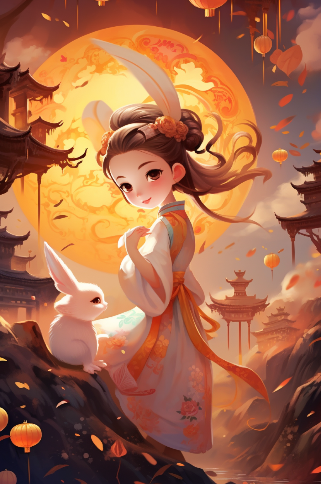 AI数字艺术中国风女孩玉兔中秋节插画素材