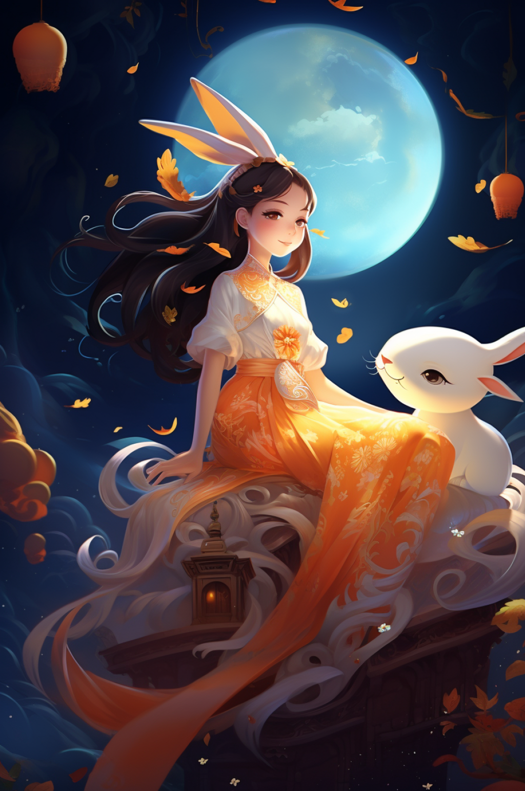 AI数字艺术中国风女孩玉兔中秋节插画素材