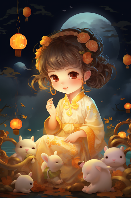 AI数字艺术中国风女孩玉兔中秋节插画