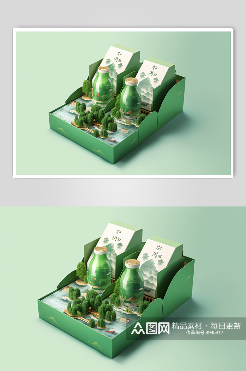 AI数字艺术端午节龙舟粽子概念包装模型素材