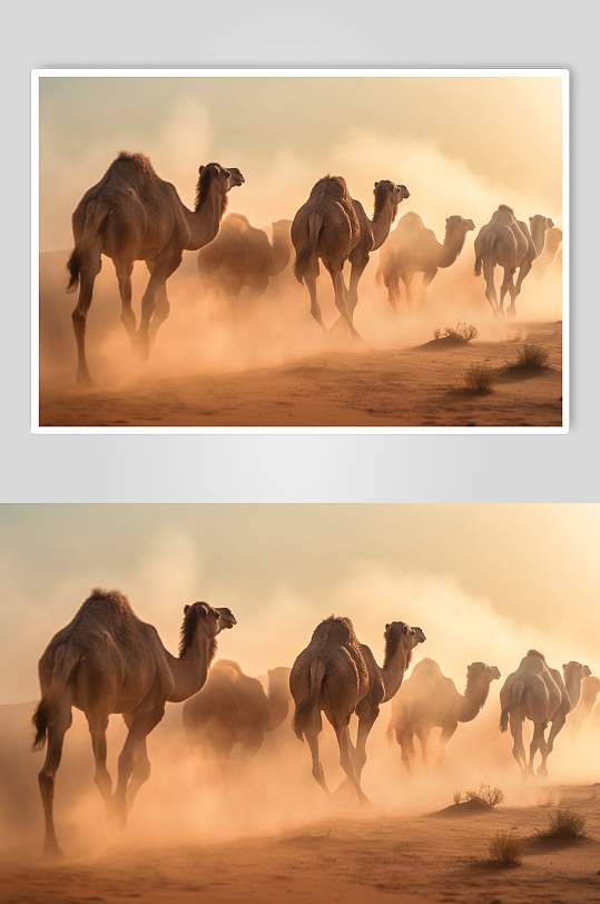 AI数字艺术唯美骆驼在沙漠中行走摄影图片